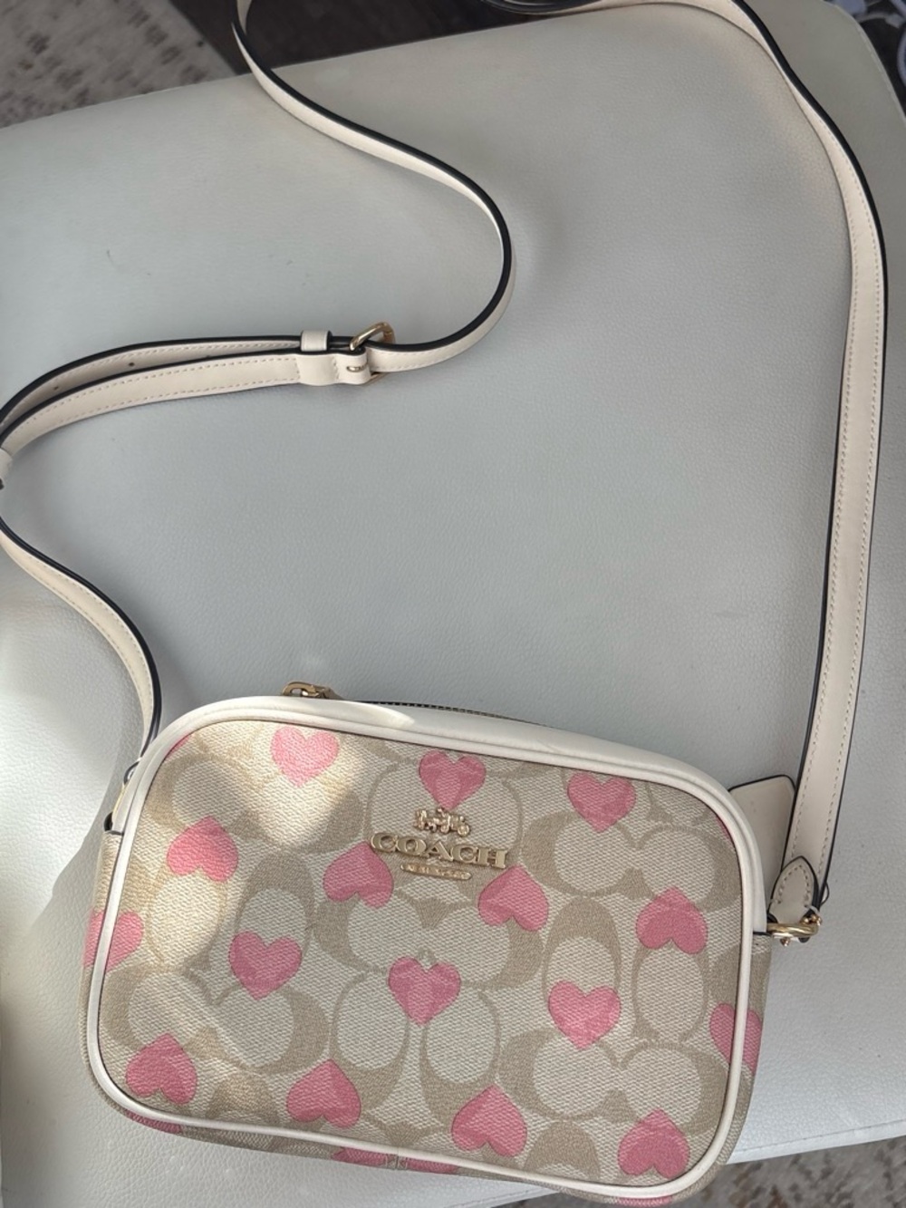Coach Cream and Pink Heart Signature Crossbody Camera Bag